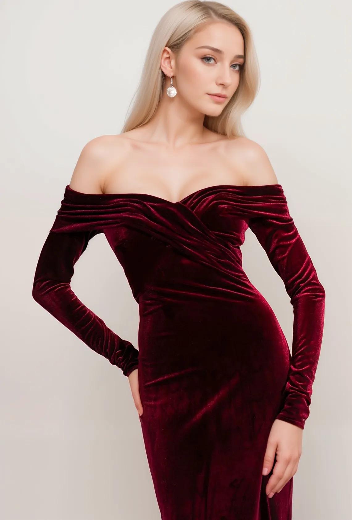 Elegant Off-the-Shoulder Velvet Prom Dress with Ruched Neckline and Long Sleeves