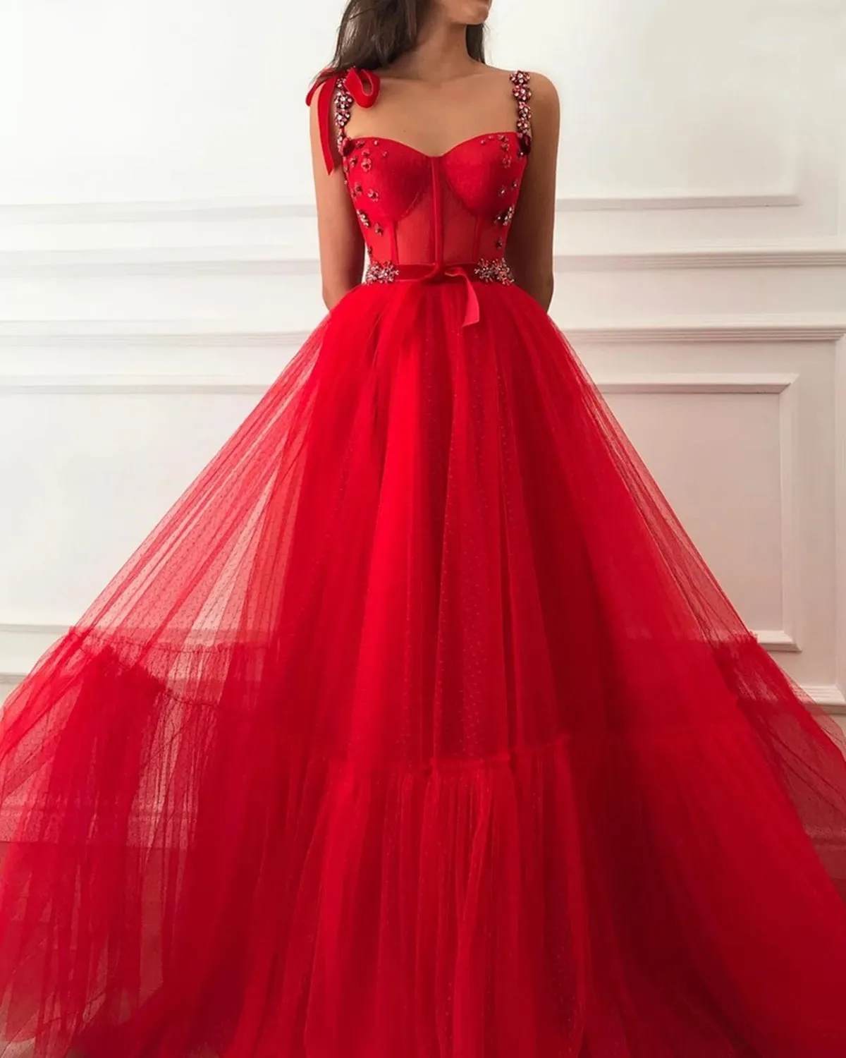 Elegant Red Beaded Floral Long Prom, Red Floral Long Formal Evening