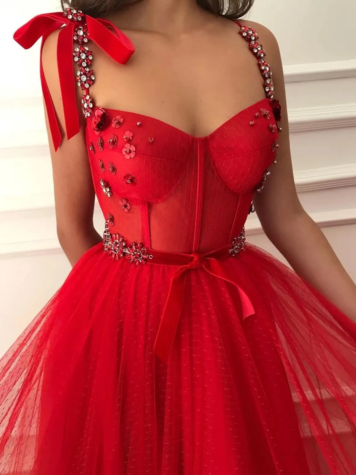 Elegant Red Beaded Floral Long Prom, Red Floral Long Formal Evening