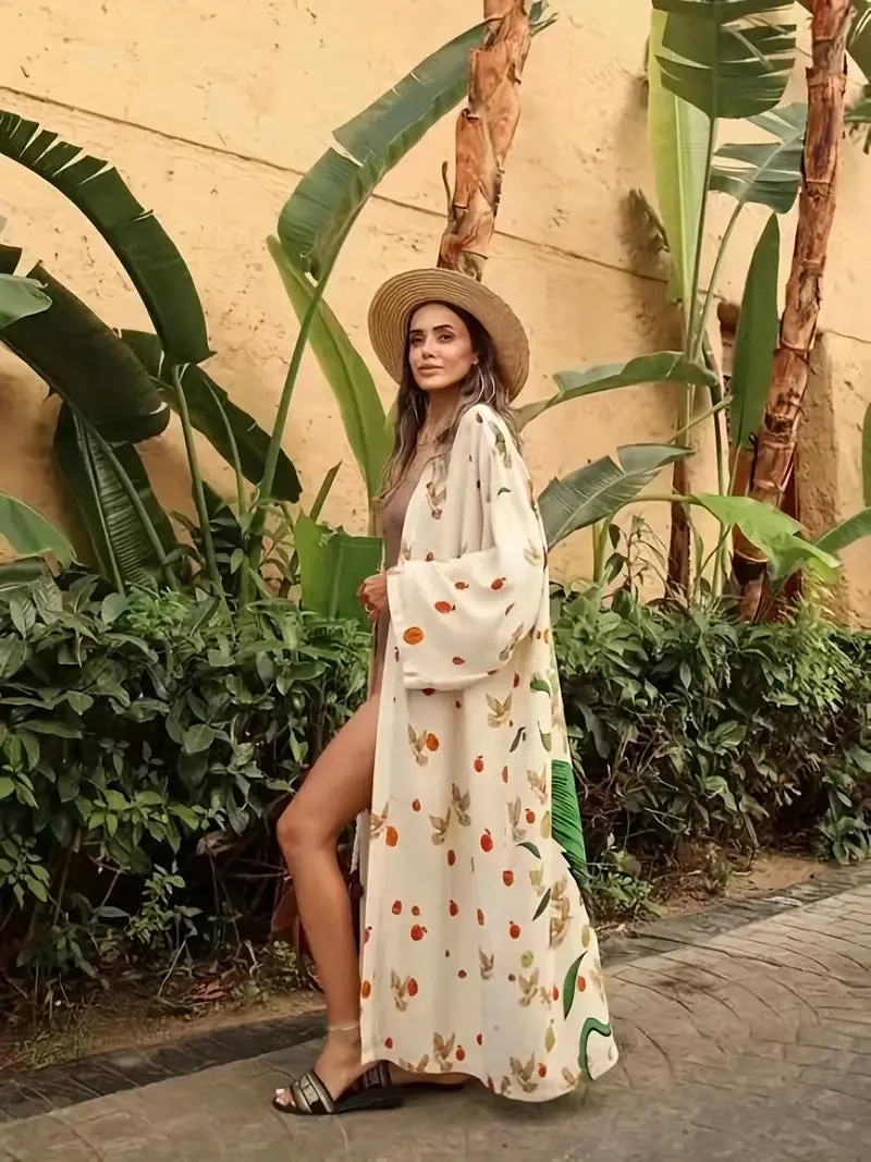 Exotic Bohemian Ivory & Green Print Kimono