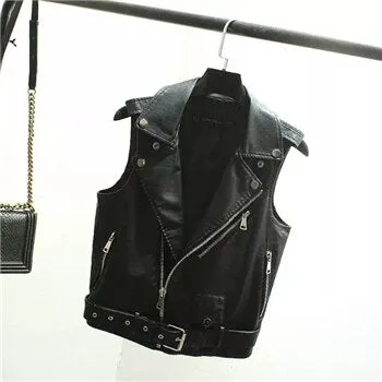 Fashion Leather Vest Womens Sleeveless Leather jacket Turn-Down Collar Pockets  PU vestm