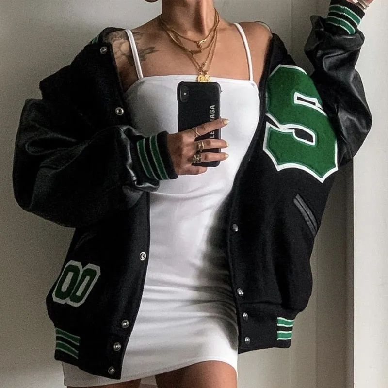 Fashionkova  Baseball Bomber Jacket Women Hip Hop Letter Patchwork PU Leather Streetwear Autumn 2022 College Oversized Coats Varsity Jackets