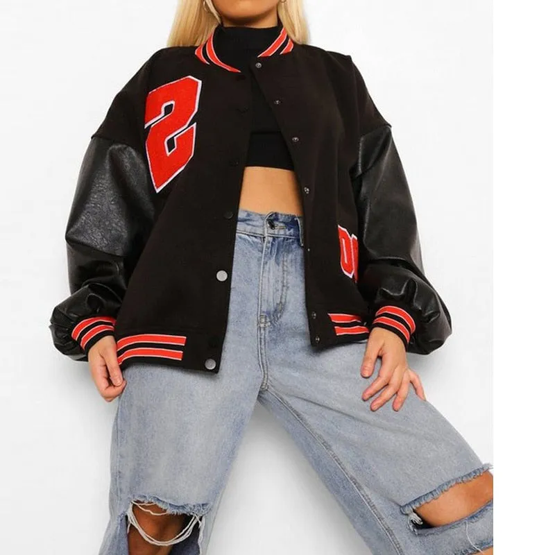 Fashionkova  Baseball Bomber Jacket Women Hip Hop Letter Patchwork PU Leather Streetwear Autumn 2022 College Oversized Coats Varsity Jackets