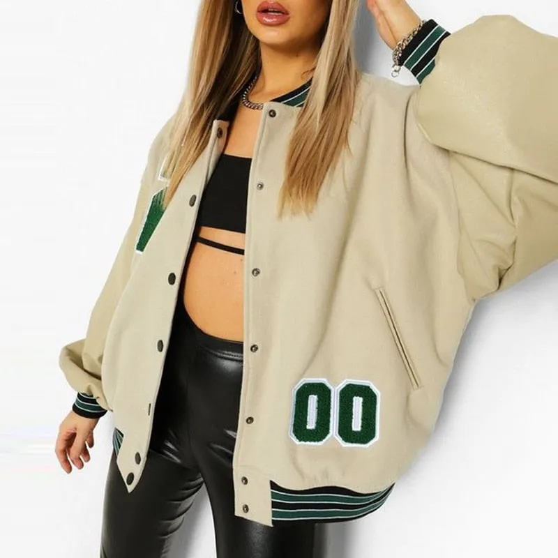 Fashionkova  Baseball Bomber Jacket Women Hip Hop Letter Patchwork PU Leather Streetwear Autumn 2022 College Oversized Coats Varsity Jackets