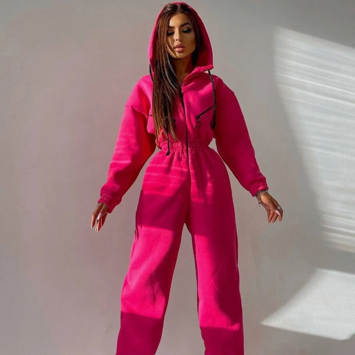 Fashionkova  Casual Women Basic Hoodie Jumpsuit Zipper Drawstring Overalls Fleece Lined Streetwear Tracksuit Solid Rompers One Piece Outfit