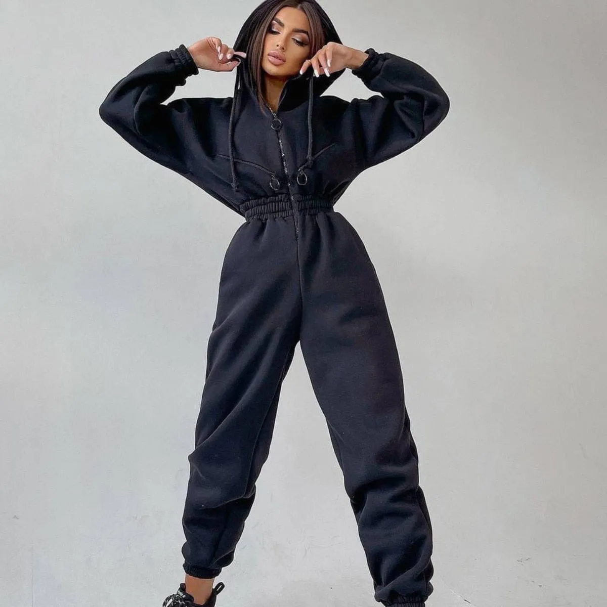 Fashionkova  Casual Women Basic Hoodie Jumpsuit Zipper Drawstring Overalls Fleece Lined Streetwear Tracksuit Solid Rompers One Piece Outfit