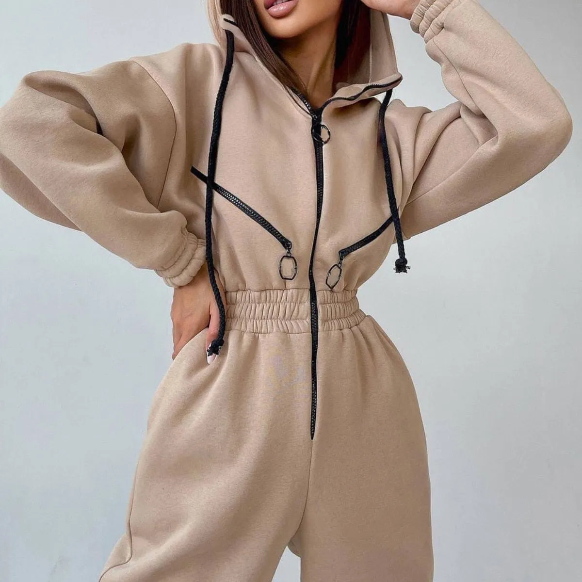 Fashionkova  Casual Women Basic Hoodie Jumpsuit Zipper Drawstring Overalls Fleece Lined Streetwear Tracksuit Solid Rompers One Piece Outfit