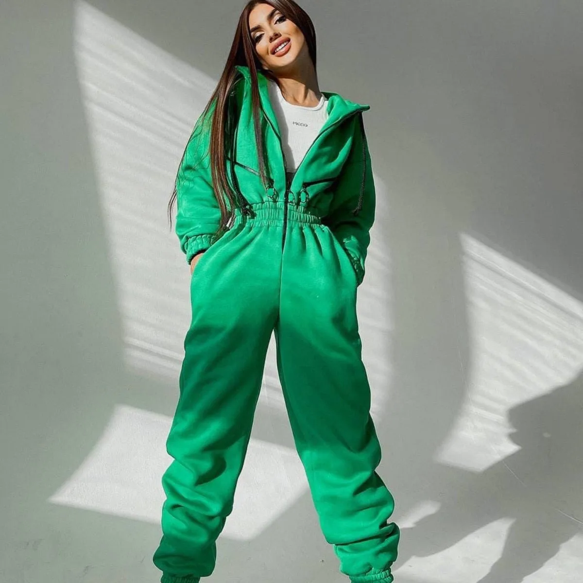 Fashionkova  Casual Women Basic Hoodie Jumpsuit Zipper Drawstring Overalls Fleece Lined Streetwear Tracksuit Solid Rompers One Piece Outfit