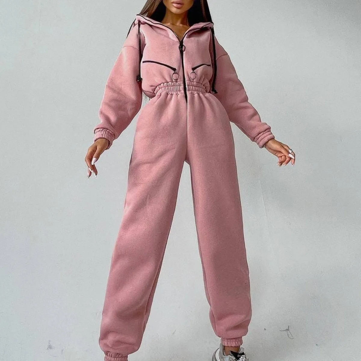 Fashionkova  Casual Women Basic Hoodie Jumpsuit Zipper Drawstring Overalls Fleece Lined Streetwear Tracksuit Solid Rompers One Piece Outfit