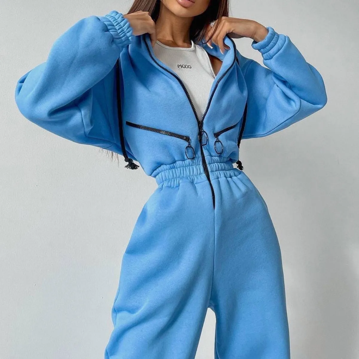 Fashionkova  Casual Women Basic Hoodie Jumpsuit Zipper Drawstring Overalls Fleece Lined Streetwear Tracksuit Solid Rompers One Piece Outfit