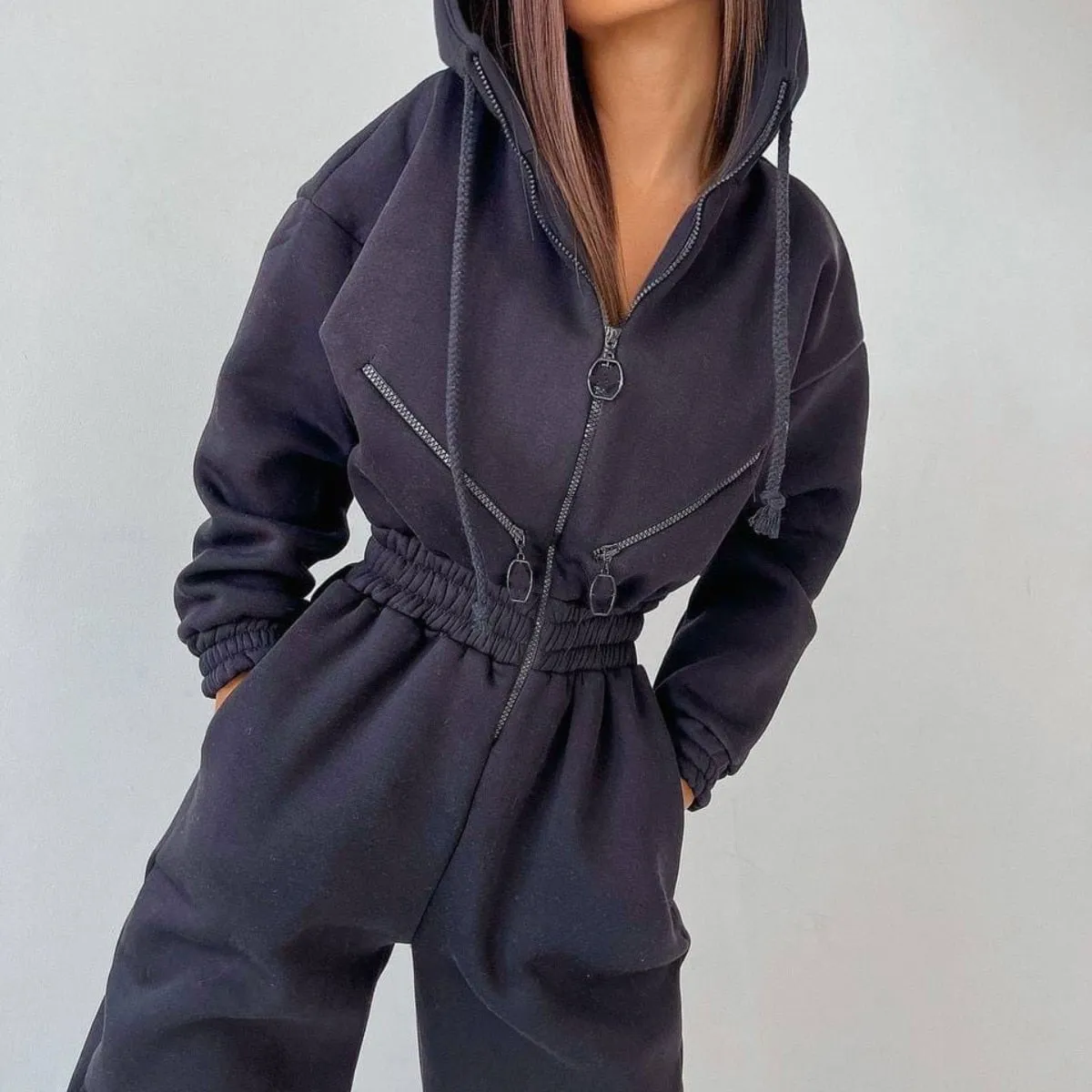 Fashionkova  Casual Women Basic Hoodie Jumpsuit Zipper Drawstring Overalls Fleece Lined Streetwear Tracksuit Solid Rompers One Piece Outfit