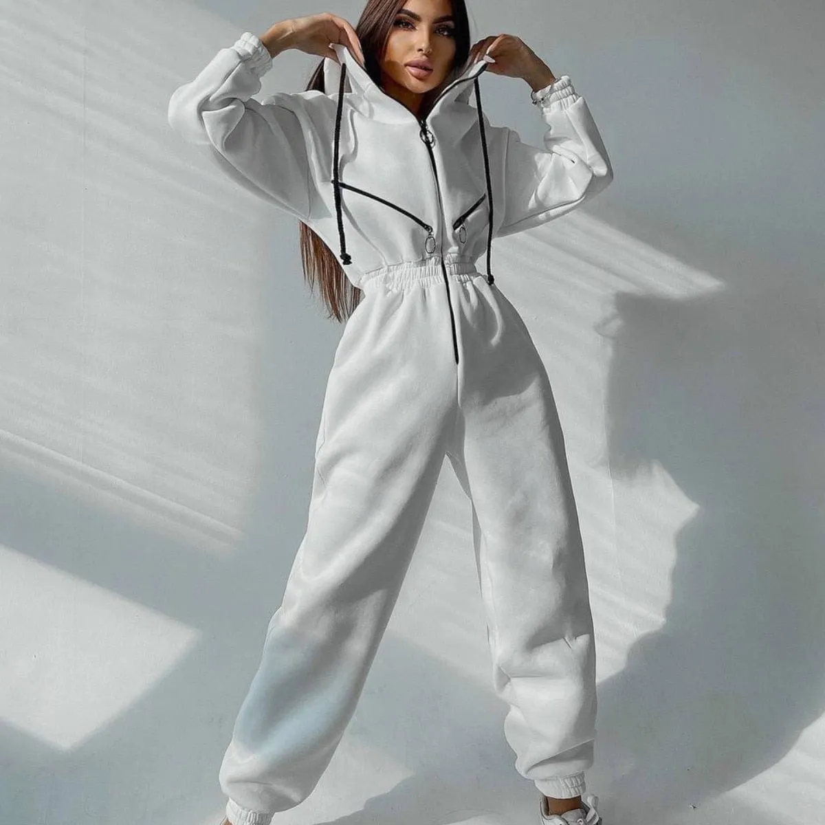 Fashionkova  Casual Women Basic Hoodie Jumpsuit Zipper Drawstring Overalls Fleece Lined Streetwear Tracksuit Solid Rompers One Piece Outfit