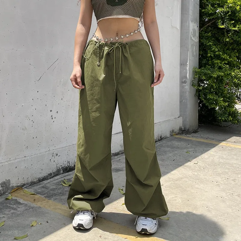 Fashionkova   Hippie Pink Y2K Cargo Pants Women 2022 Low Waist Sweatpant Loose Drawstring Baggy Wide Leg Trousers Vintage Oversized Joggers