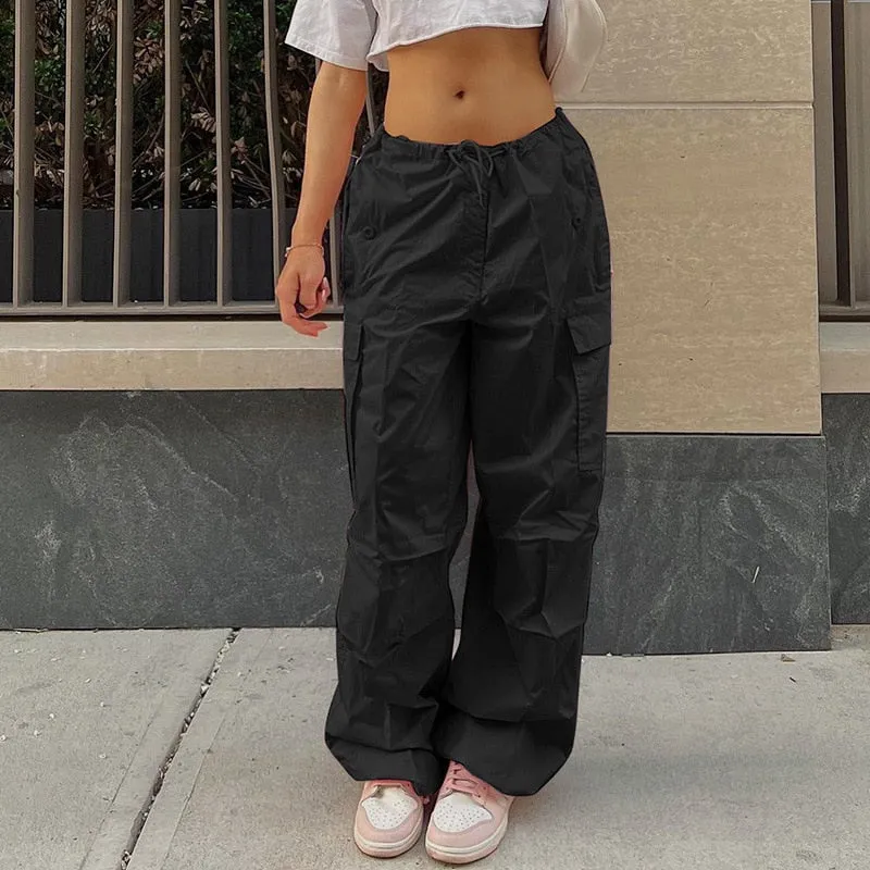 Fashionkova   Hippie Pink Y2K Cargo Pants Women 2022 Low Waist Sweatpant Loose Drawstring Baggy Wide Leg Trousers Vintage Oversized Joggers