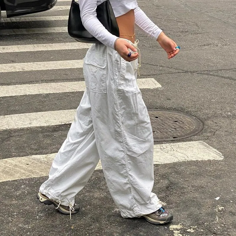 Fashionkova   Hippie Pink Y2K Cargo Pants Women 2022 Low Waist Sweatpant Loose Drawstring Baggy Wide Leg Trousers Vintage Oversized Joggers