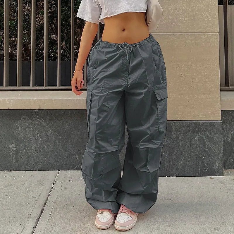 Fashionkova   Hippie Pink Y2K Cargo Pants Women 2022 Low Waist Sweatpant Loose Drawstring Baggy Wide Leg Trousers Vintage Oversized Joggers