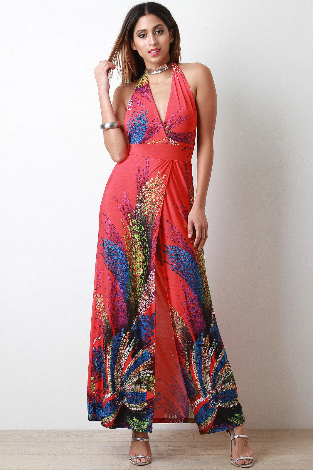 Fireworks Print Halter Sleeveless Slit Maxi Dress