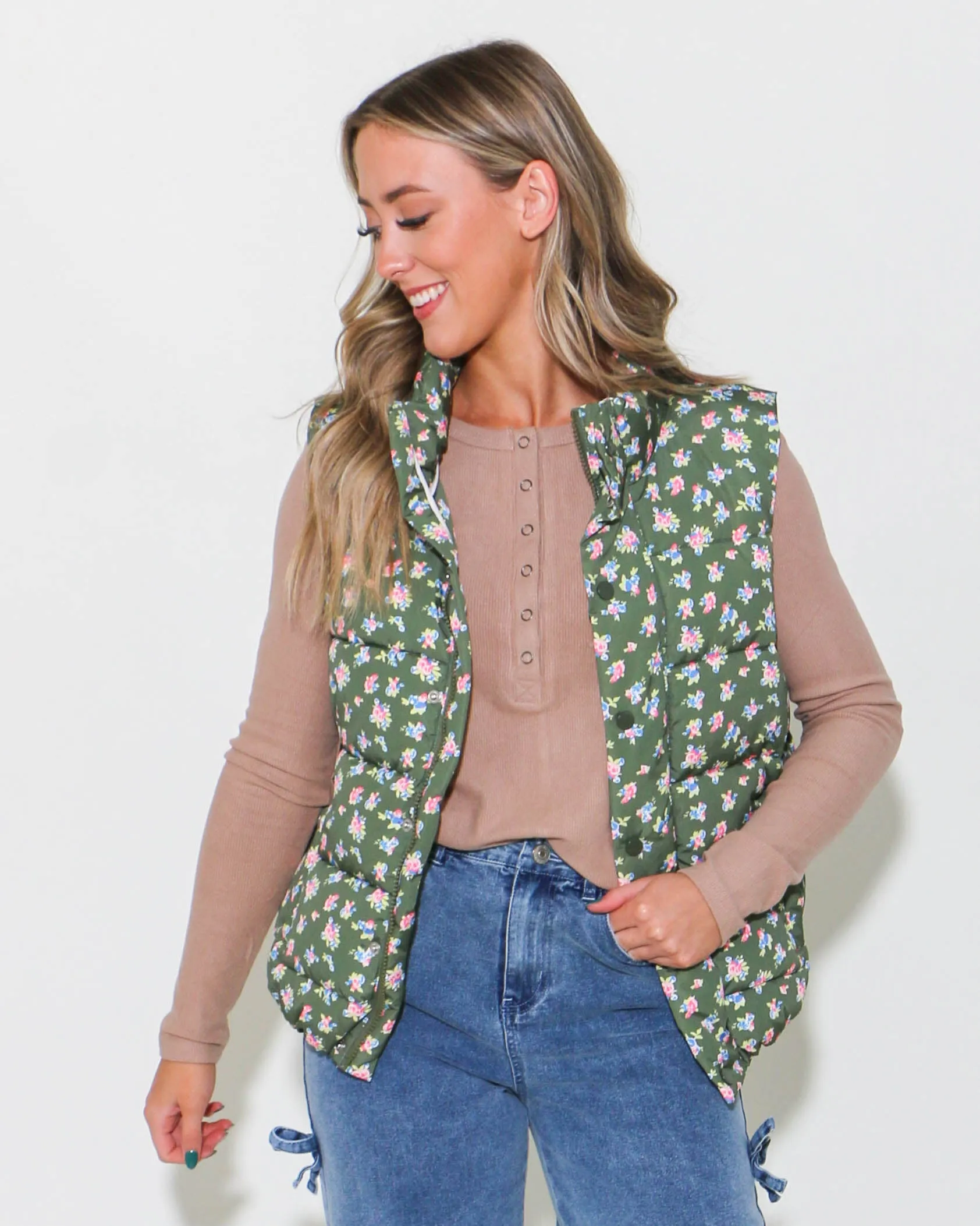 Floral Print Front Zipper Puffer Vest