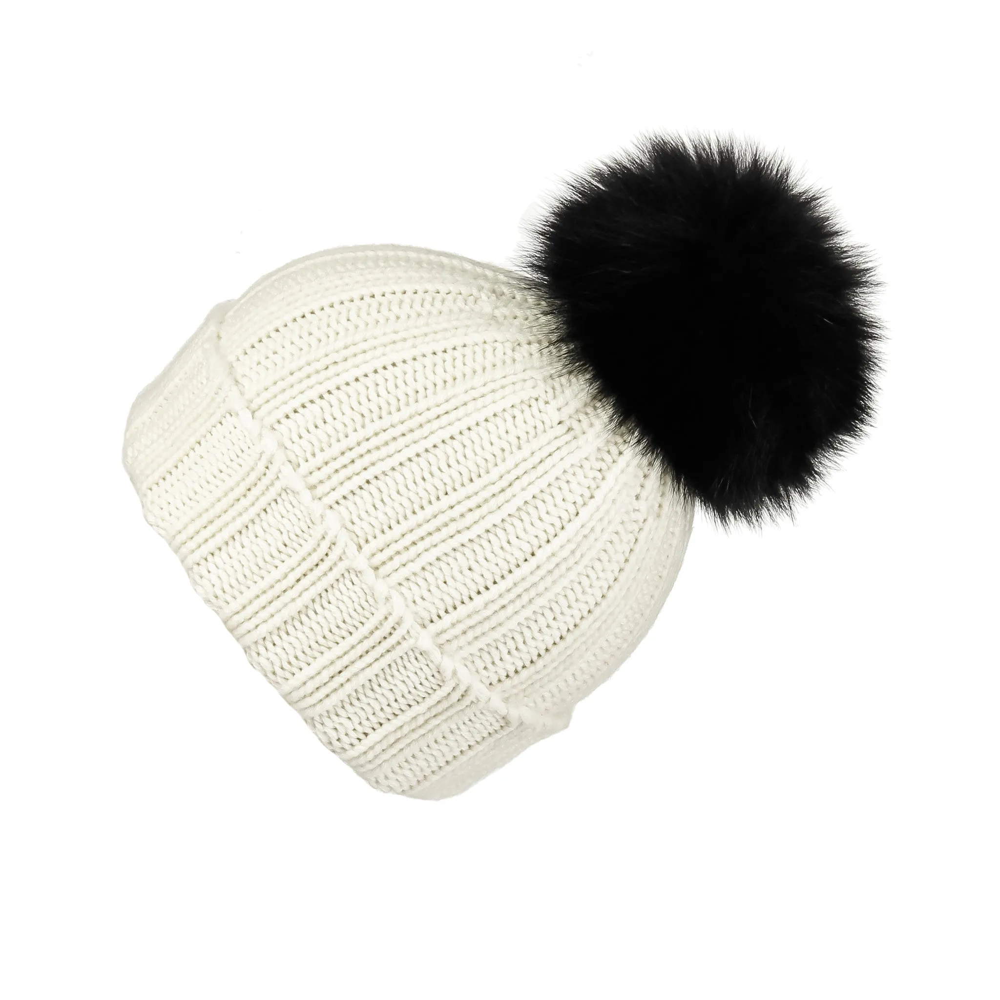 Fold-Over Ivory Cashmere Hat with Black Pom-Pom