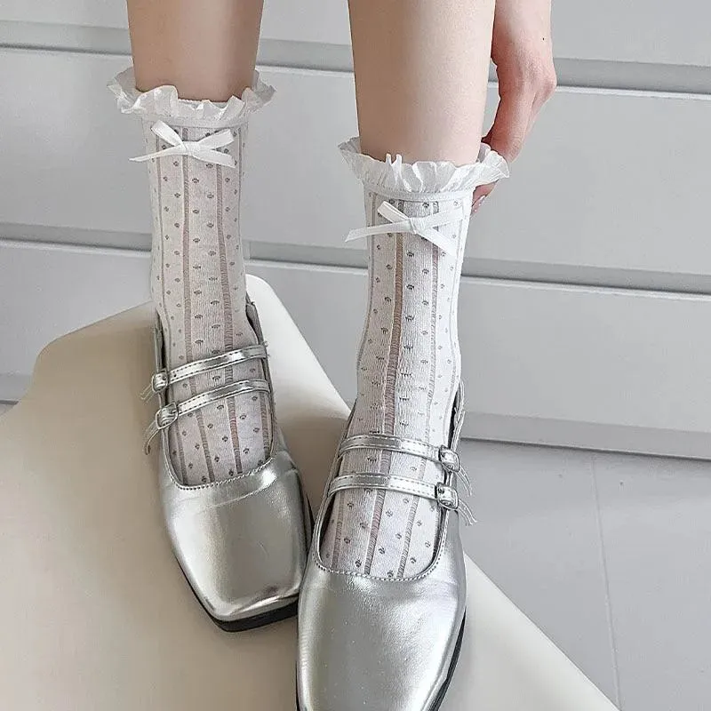 Frilly Crew Socks with Ribbon | Lace Socks With Ruffle | Kawaii Socks