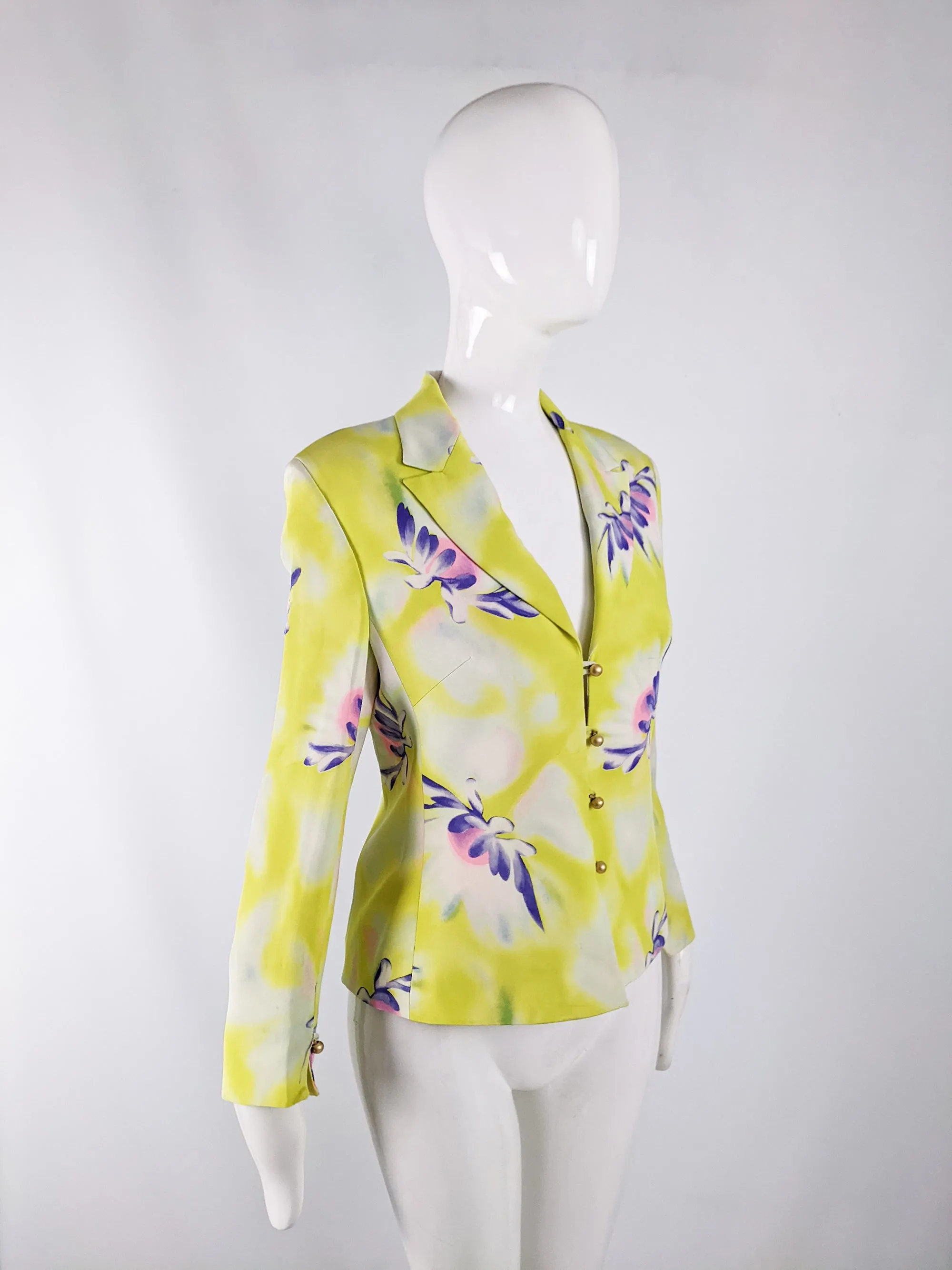 Gianni Versace Vintage Yellow Silk Shoulder Pads Blazer, 1990s