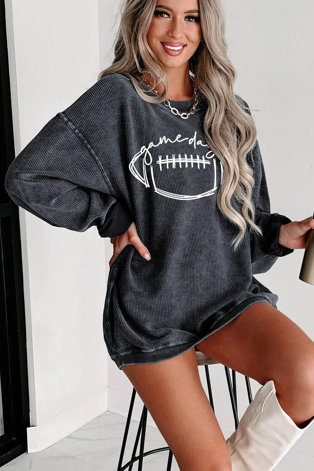 Gray Corded Texture Game Day Graphic Sweatshirt