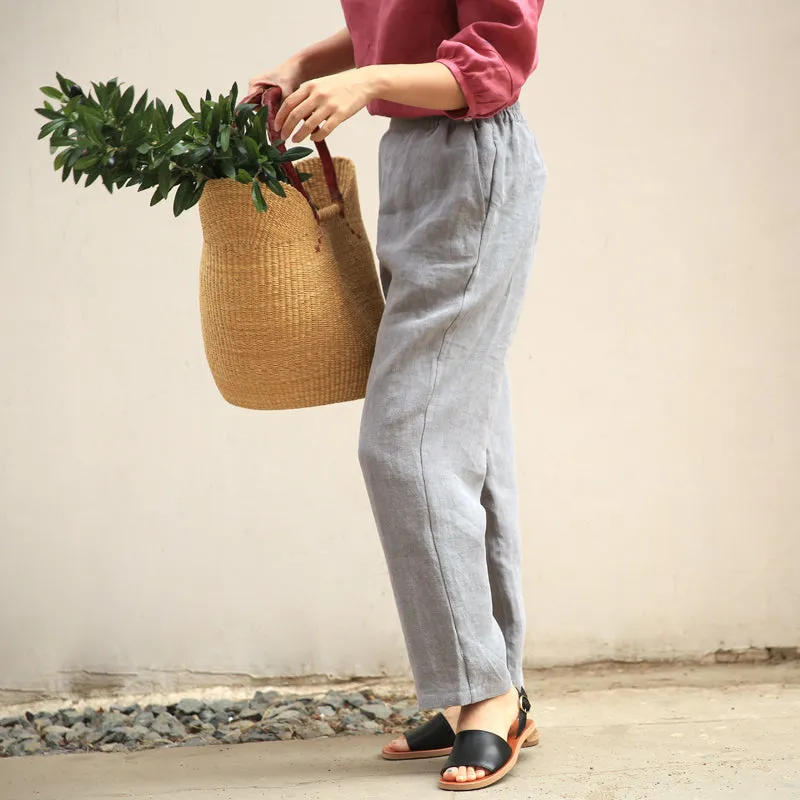 Gray Women Casual Linen Pants Z98410