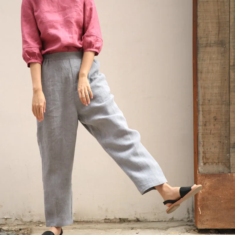 Gray Women Casual Linen Pants Z98410