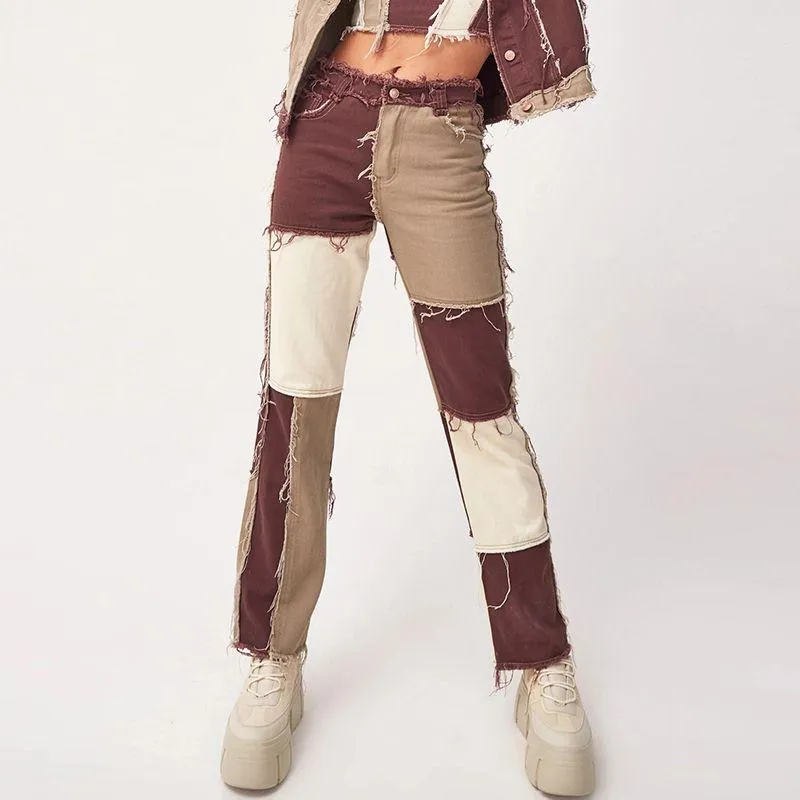 Grunge Girl Color Block Patchwork Straight Jeans