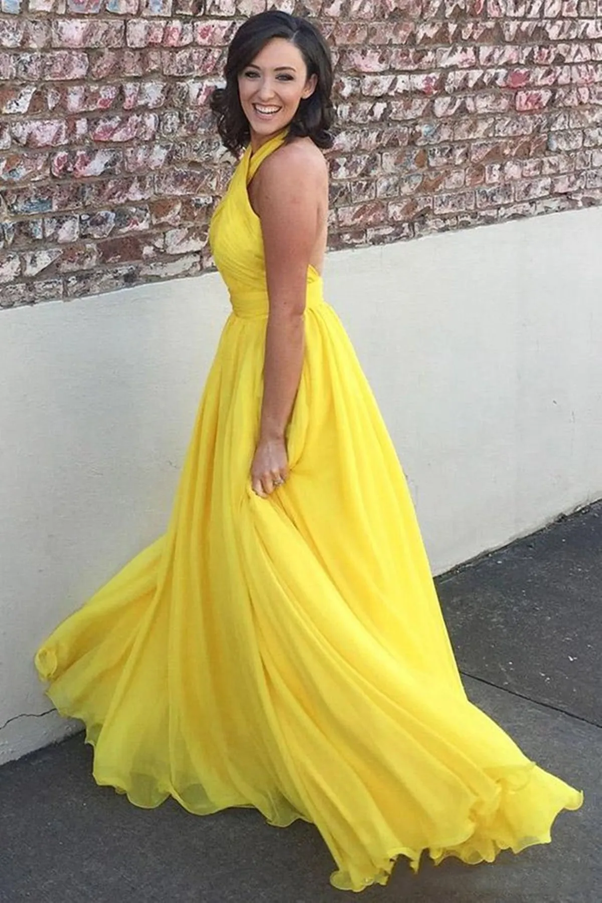 Halter Neck Backless Yellow Long Prom Dresses, Open Back Yellow Formal Dresses, Yellow Evening Dresses