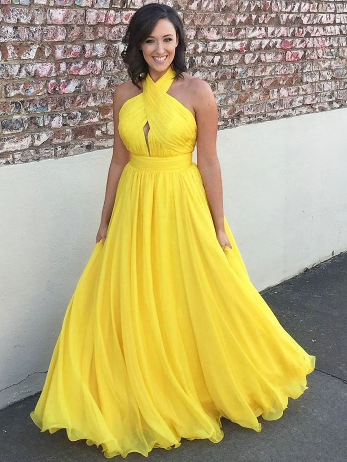 Halter Neck Backless Yellow Long Prom Dresses, Open Back Yellow Formal Dresses, Yellow Evening Dresses