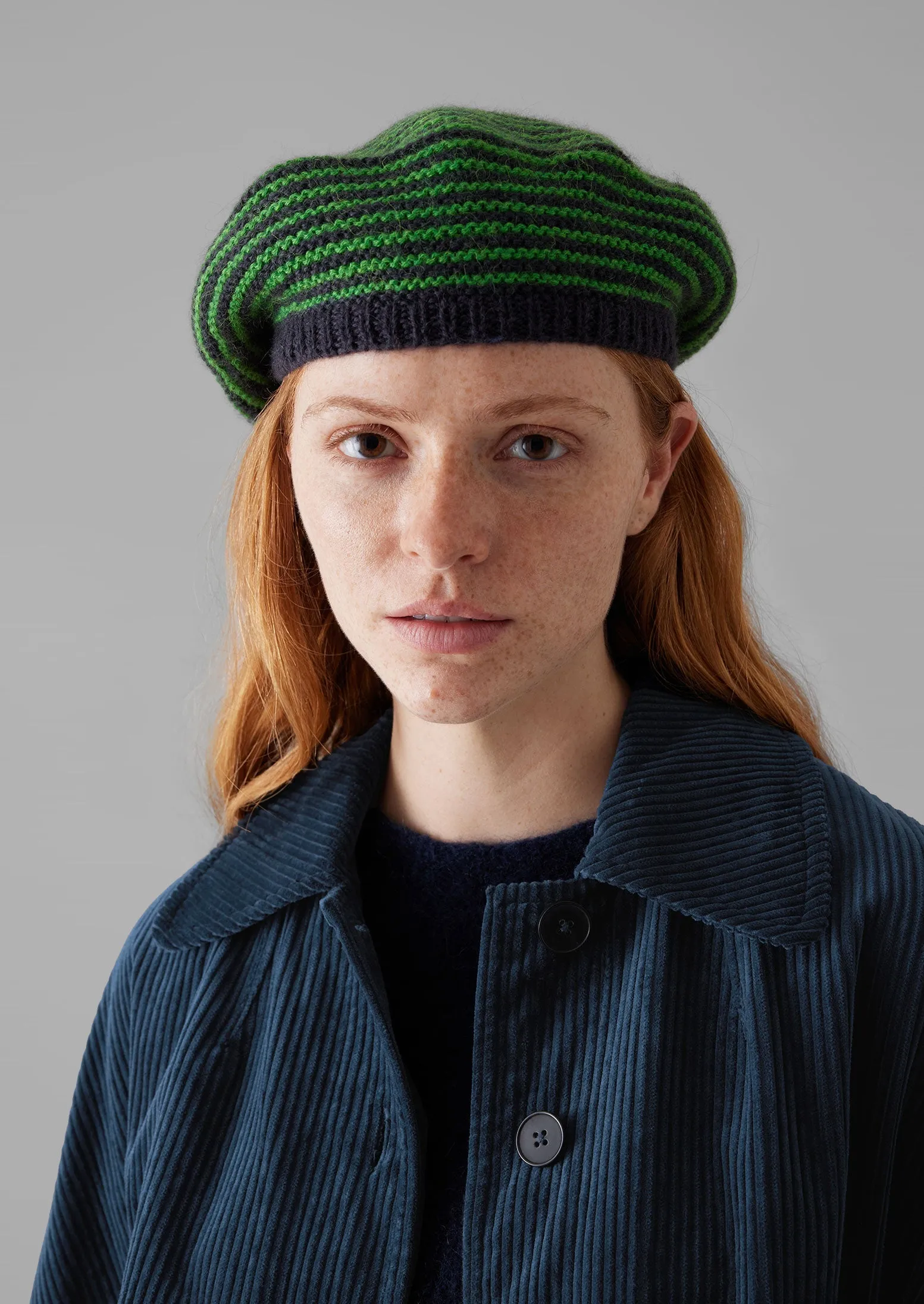 Hand Knitted Striped Beret | Malachite Green/Navy