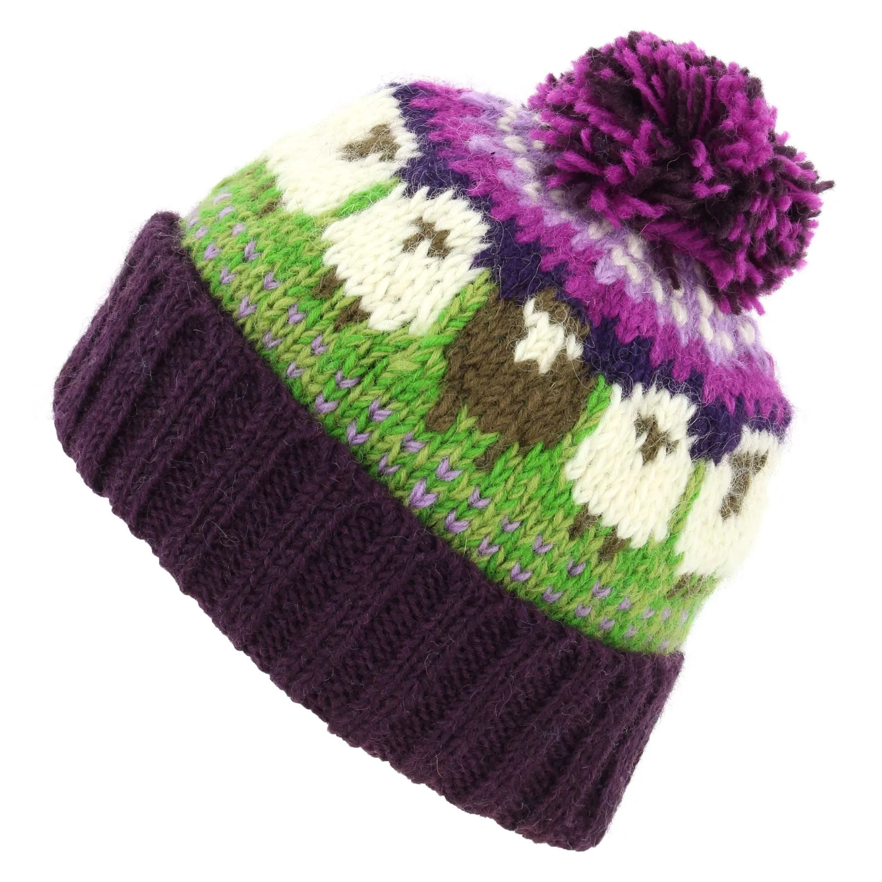 Hand Knitted Wool Beanie Bobble Hat - Sheep - Green Purple Gradient