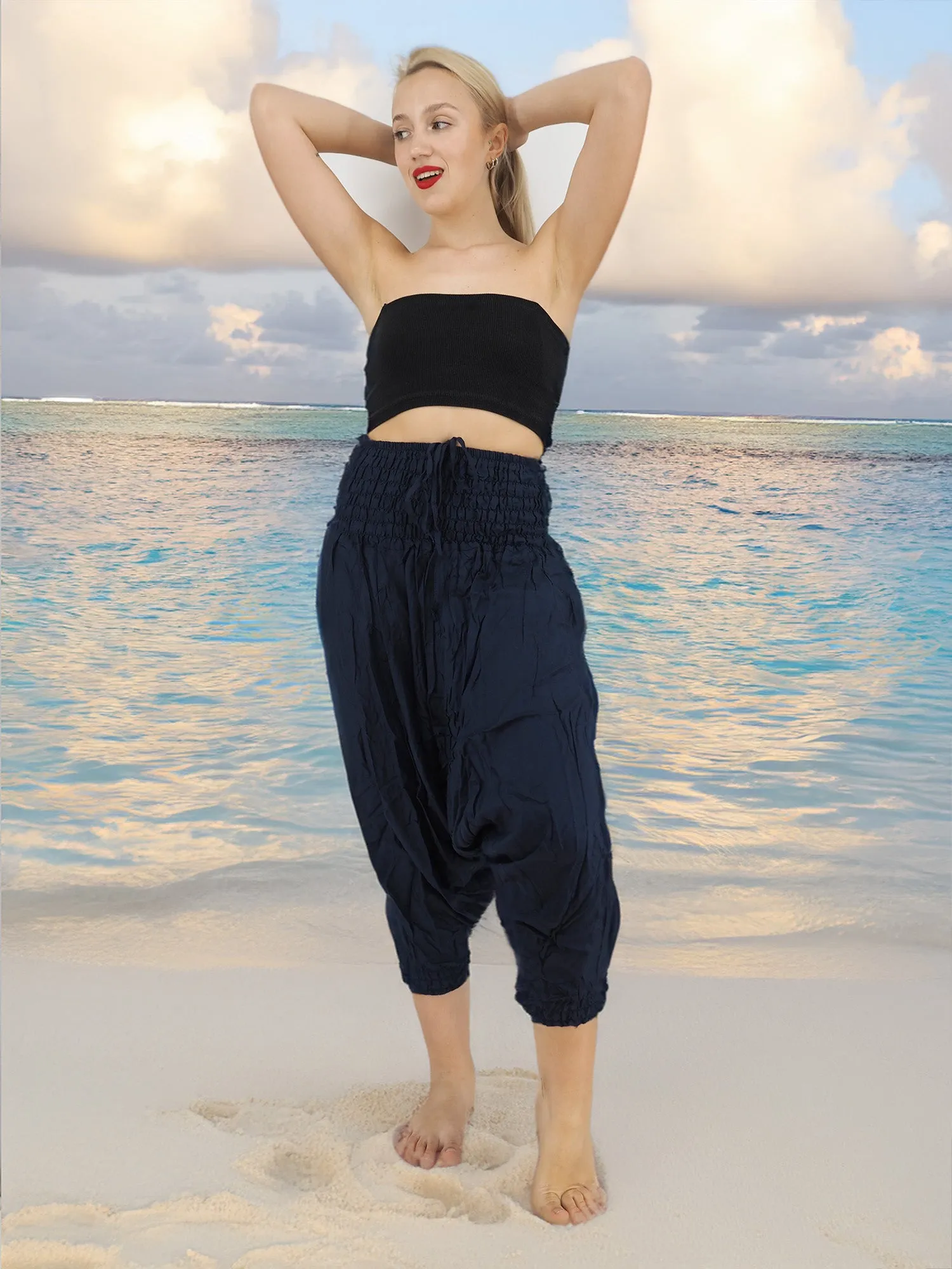 Handmade Casual Boho Rayon Hippie Yoga Alladin Pants One Size Navy