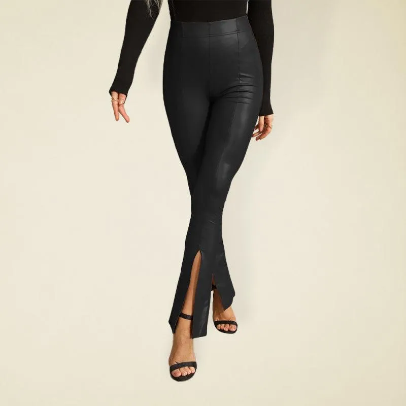 High Rise Faux Leather Pants With Slits