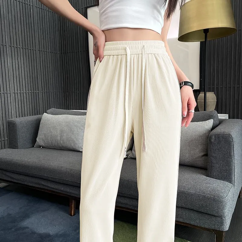 High Waist Narrow Thin Loose-Fit Draping Straight Leg Silky Pants