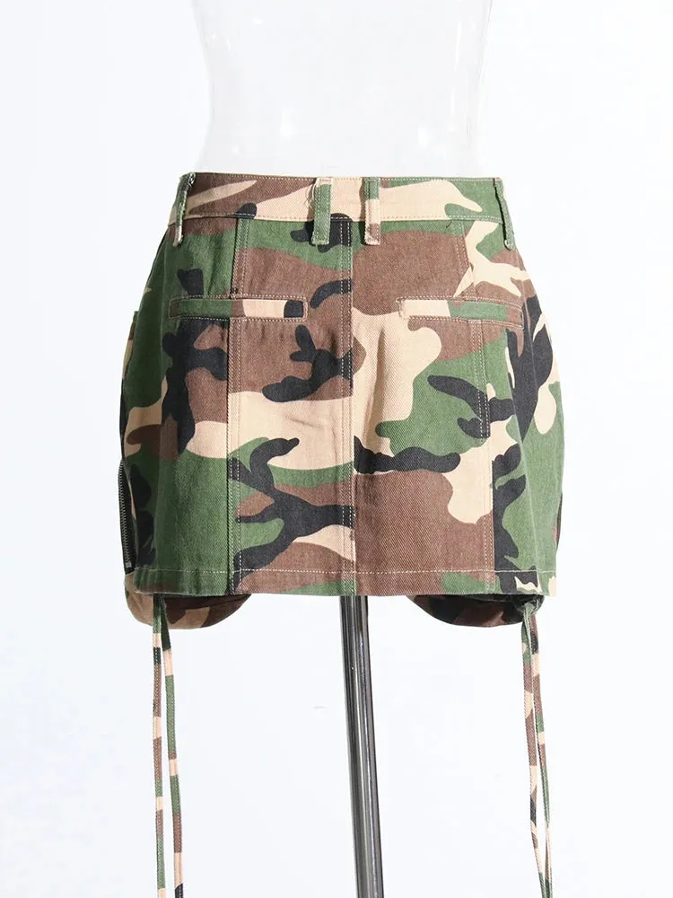 Hit Color Camouflage Printing Casual Mini Skirts For Women High Waist Patchwork Pockets A Line Skirt Female Fashion Style