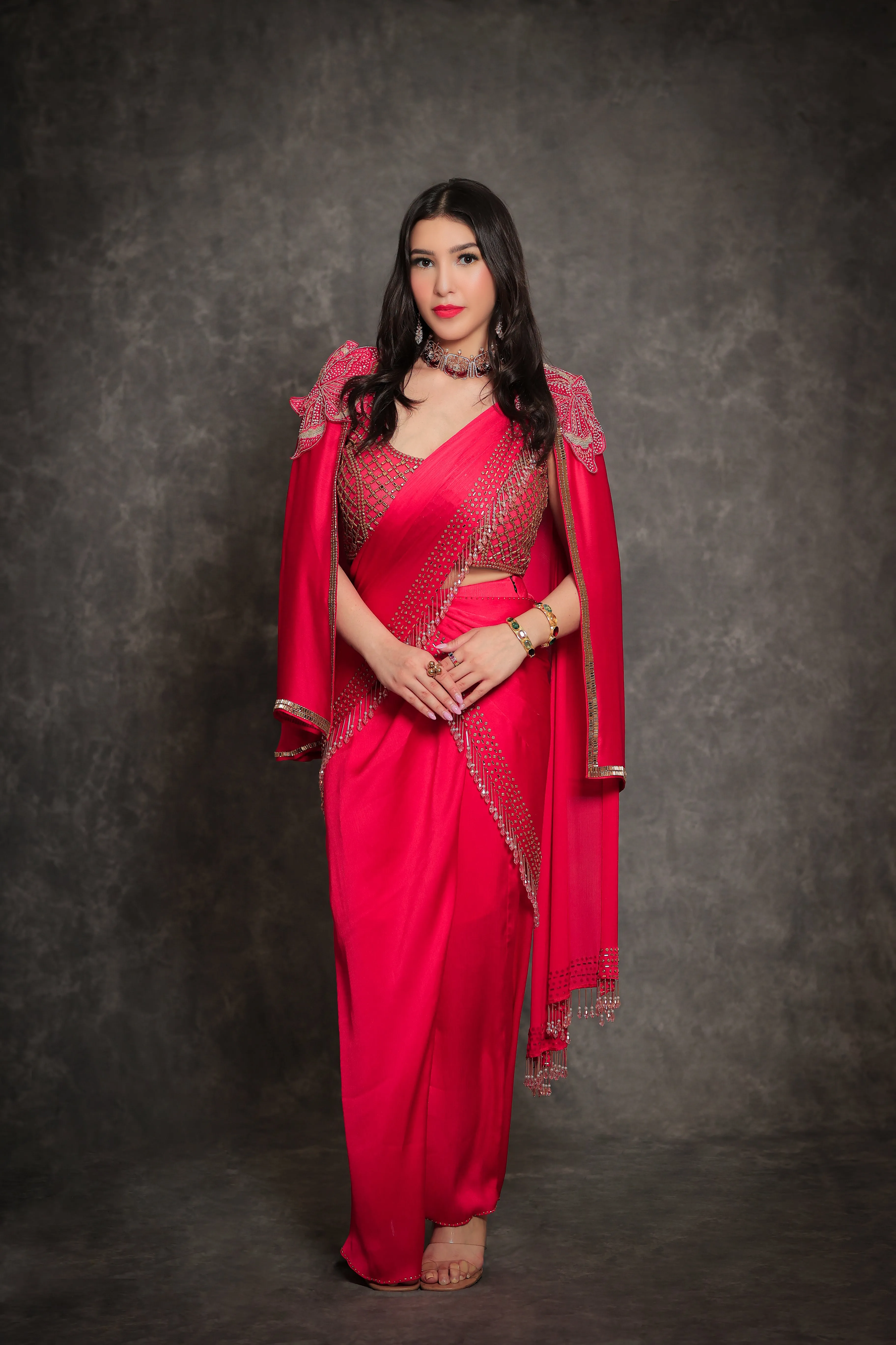 Hot Pink Dhoti Cape Saree Set