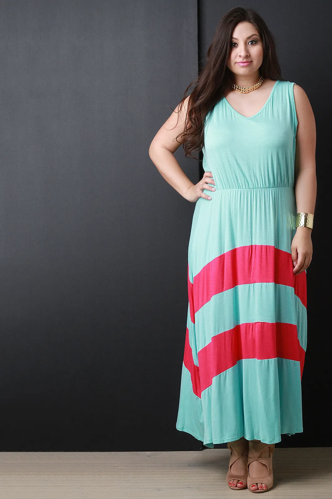 Jersey Knit Striped V-Neck Sleeveless Maxi Dress