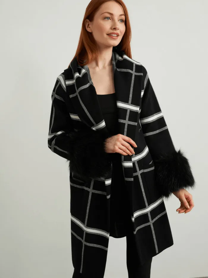 Joseph Ribkoff Black & Cream Faux Fur Cuffed Coat 213904 (A)