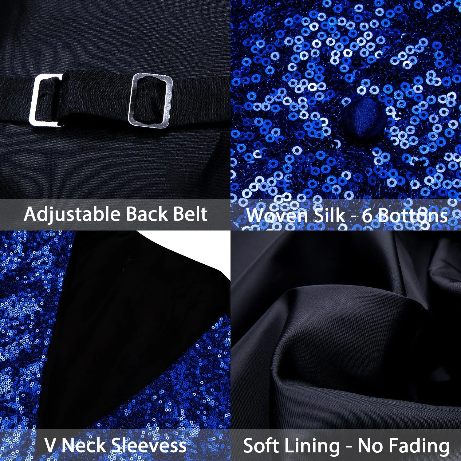 Klein Blue Sequins Silk Men's Vest Hanky Cufflinks Bow Tie Set