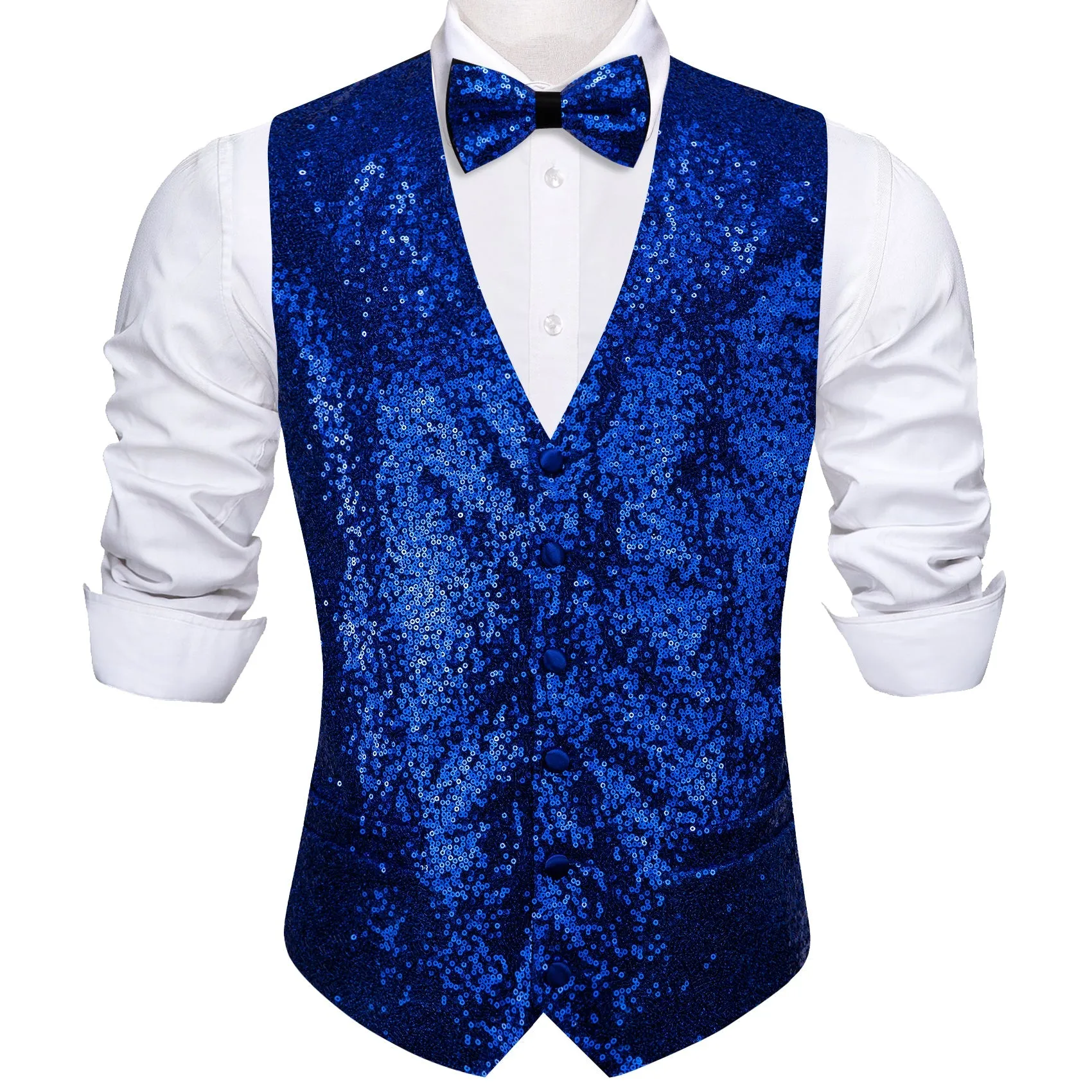 Klein Blue Sequins Silk Men's Vest Hanky Cufflinks Bow Tie Set