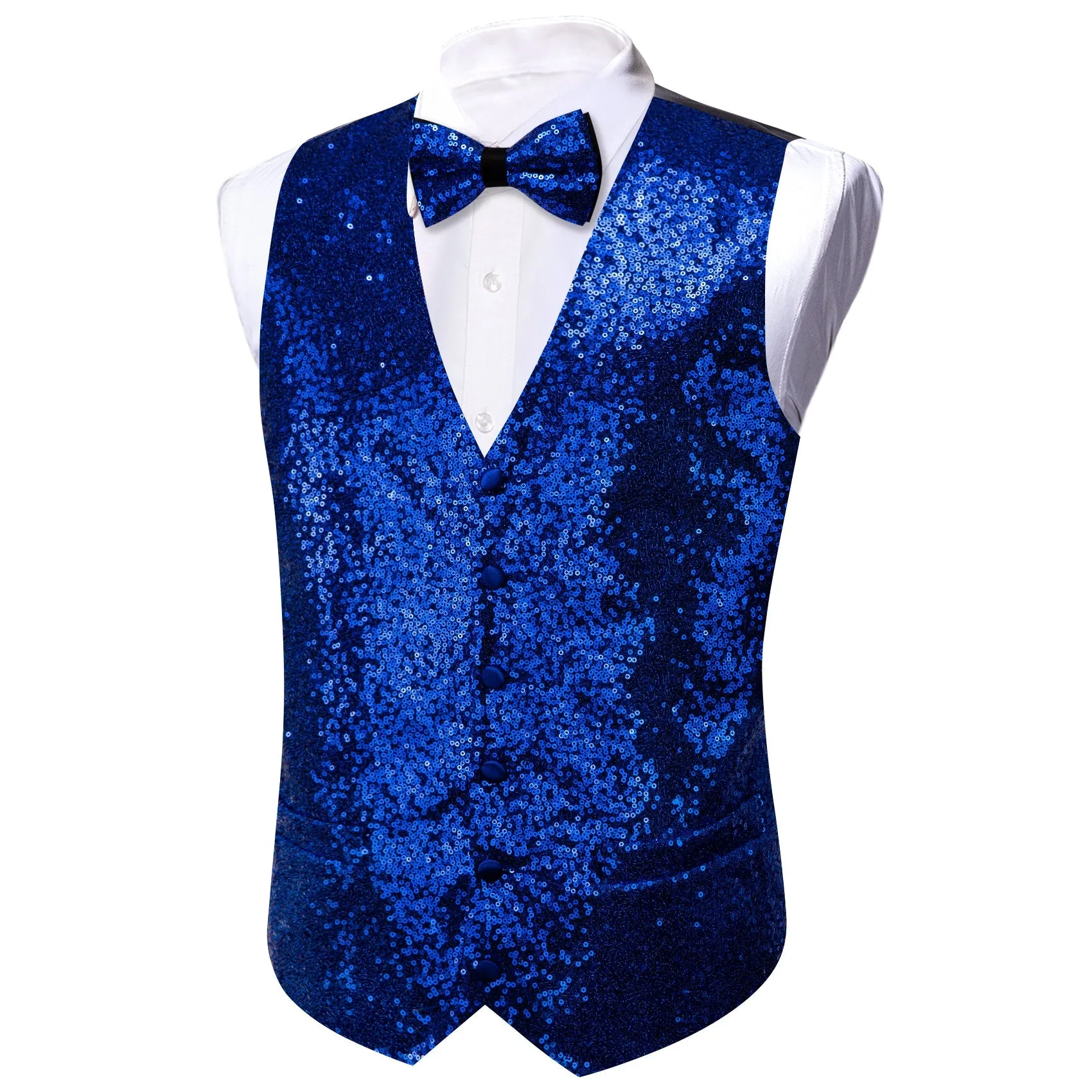 Klein Blue Sequins Silk Men's Vest Hanky Cufflinks Bow Tie Set