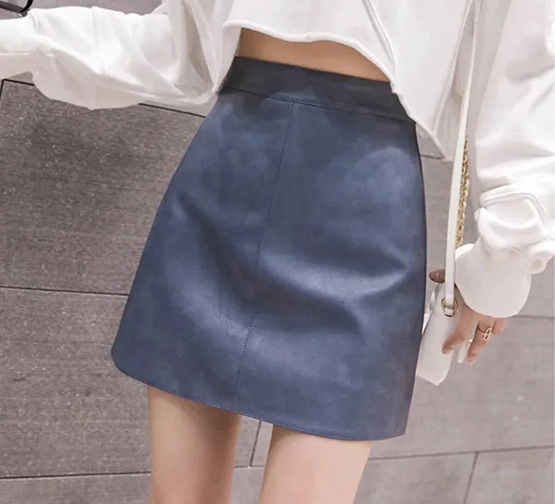 Korean High Waist Leather Skirt Female 4 Colors Chic A-line Short PU Skirts Women Apricot Blue Black Sexy Saia S-XL