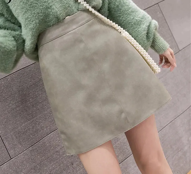 Korean High Waist Leather Skirt Female 4 Colors Chic A-line Short PU Skirts Women Apricot Blue Black Sexy Saia S-XL