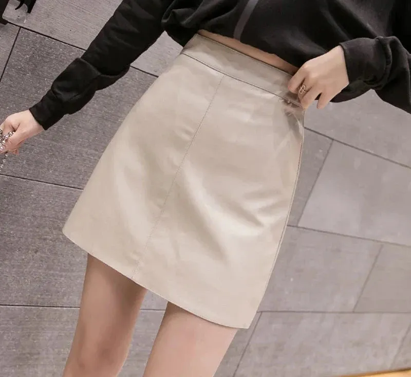 Korean High Waist Leather Skirt Female 4 Colors Chic A-line Short PU Skirts Women Apricot Blue Black Sexy Saia S-XL