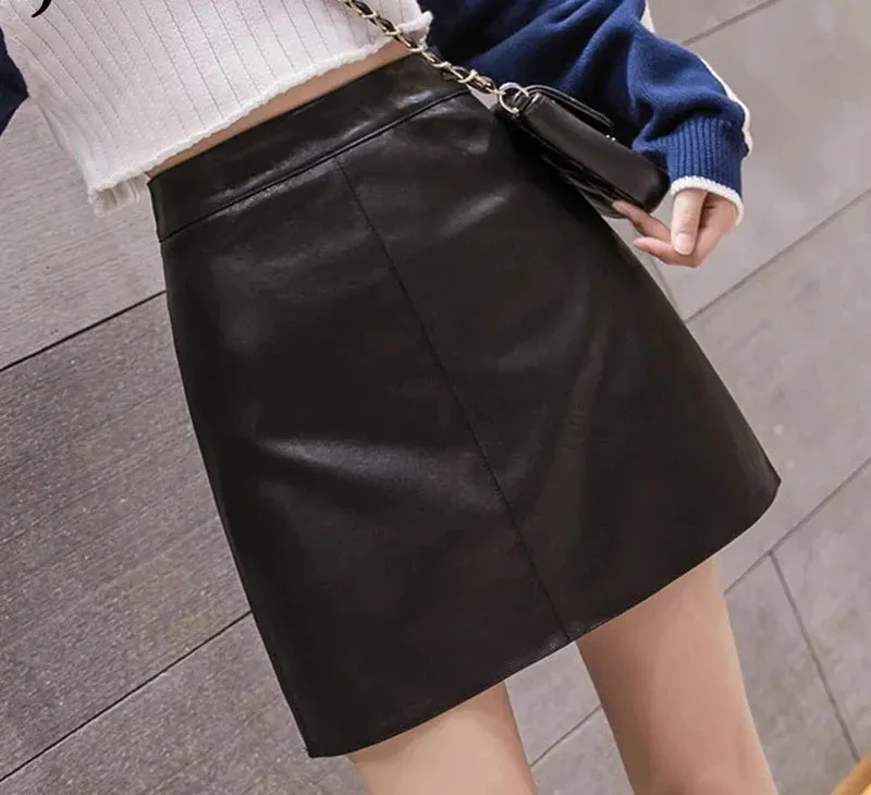 Korean High Waist Leather Skirt Female 4 Colors Chic A-line Short PU Skirts Women Apricot Blue Black Sexy Saia S-XL