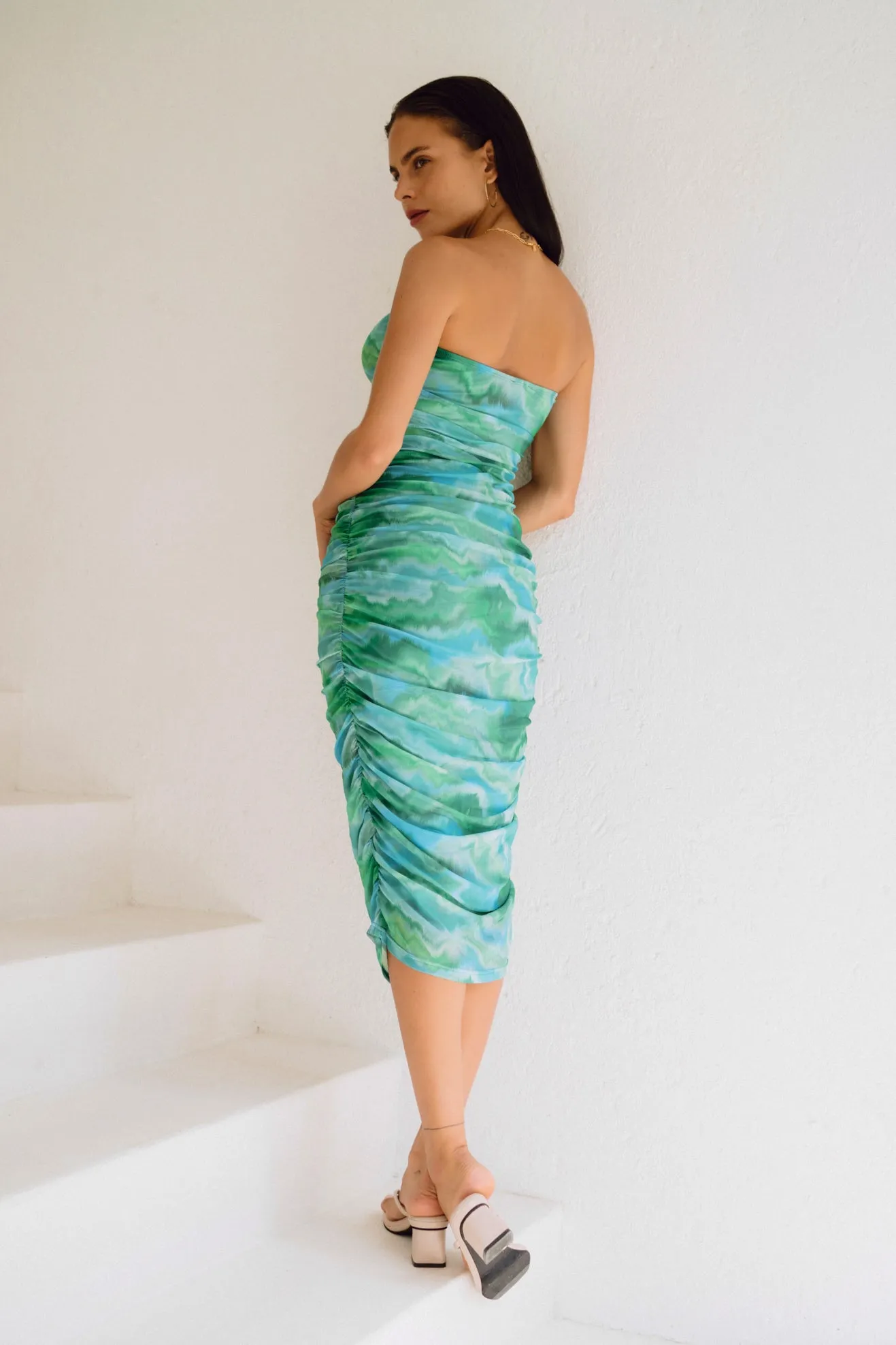 Kylie Green Abstract Mesh Ruched Bodycon Midi Dress