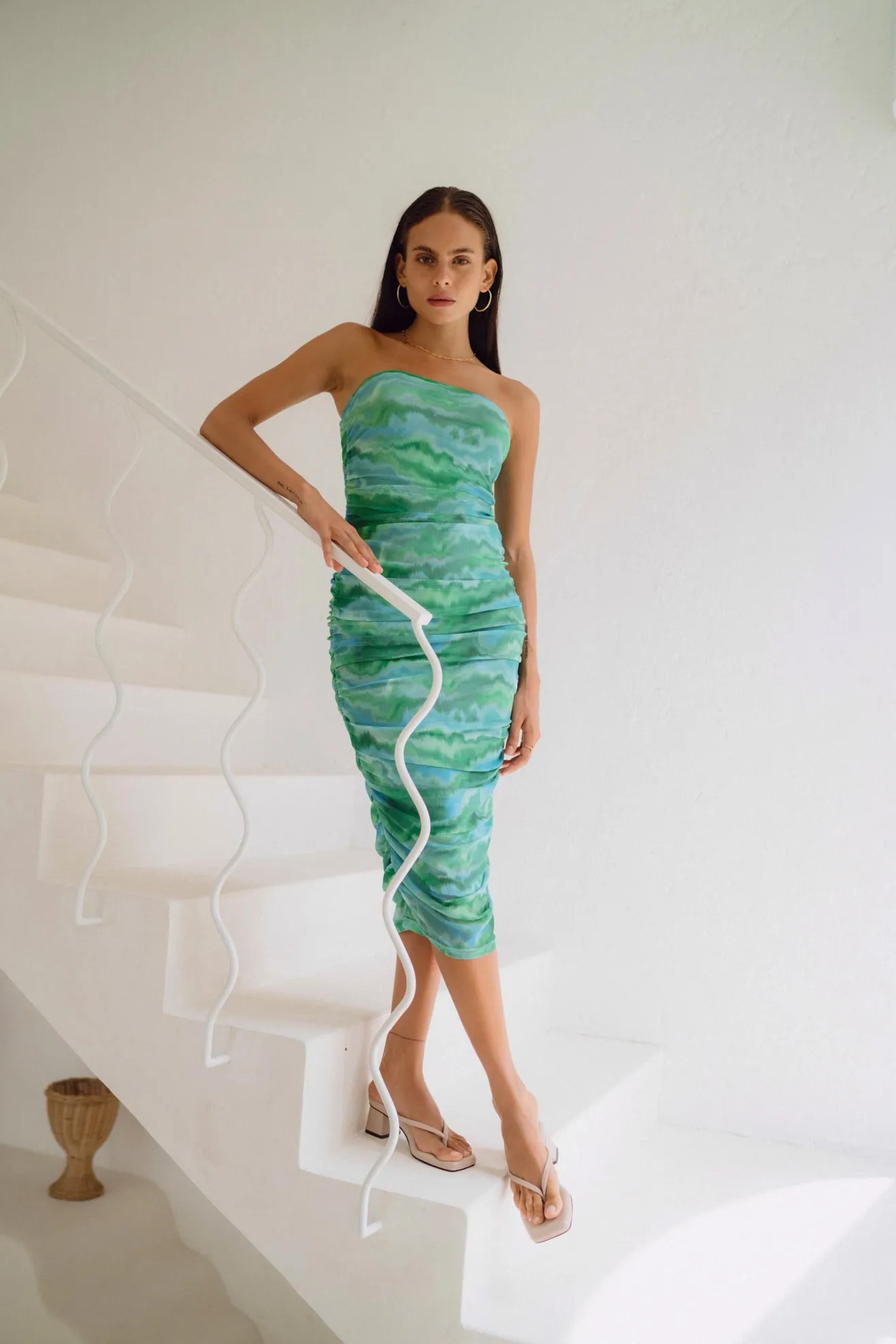 Kylie Green Abstract Mesh Ruched Bodycon Midi Dress