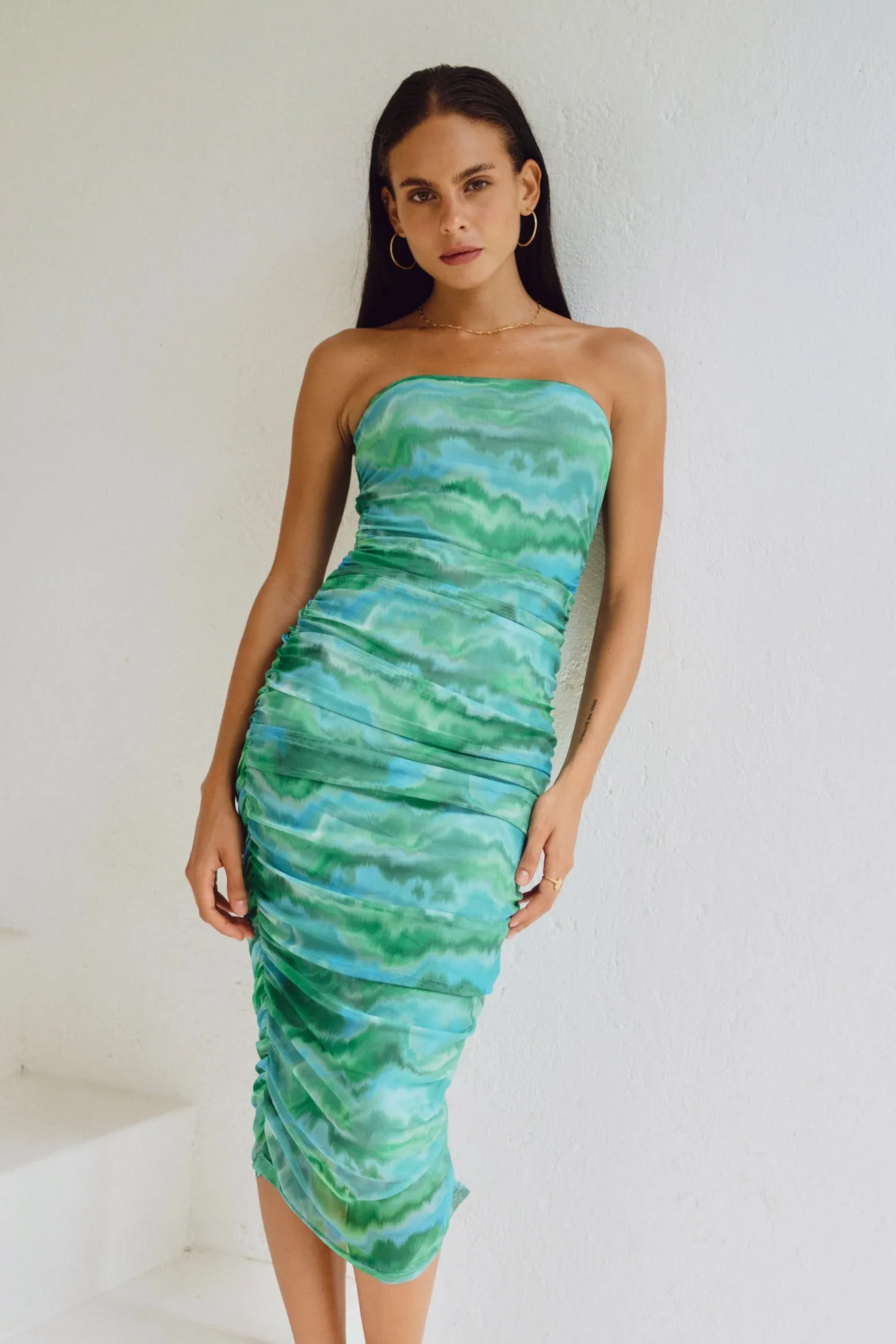 Kylie Green Abstract Mesh Ruched Bodycon Midi Dress